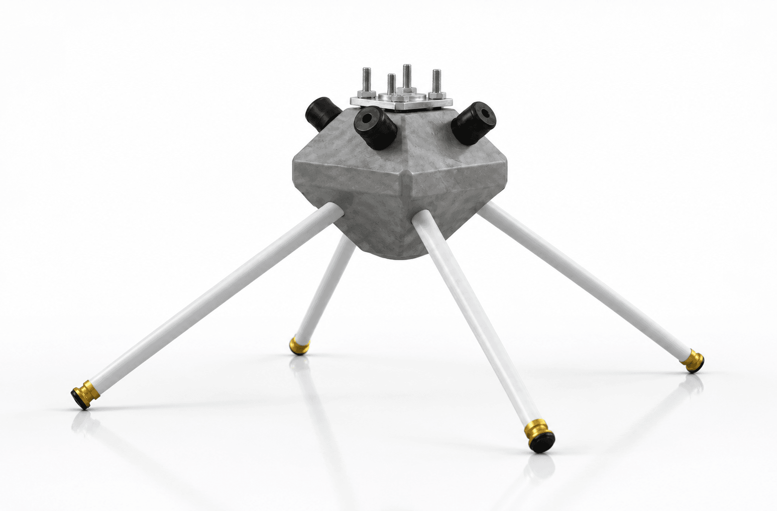 The PEN Foundation node: a precast concrete block with a bolted top plate and four galvanised steel nails splayed at a batter angle, tungsten carbide tips at their ends