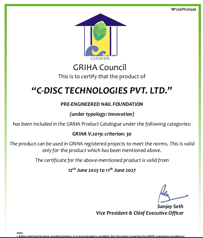 GRIHA Council certificate listing the PEN pre-engineered nail foundation in the GRIHA Product Catalogue under criterion 30, valid 12 June 2025 to 11 June 2027